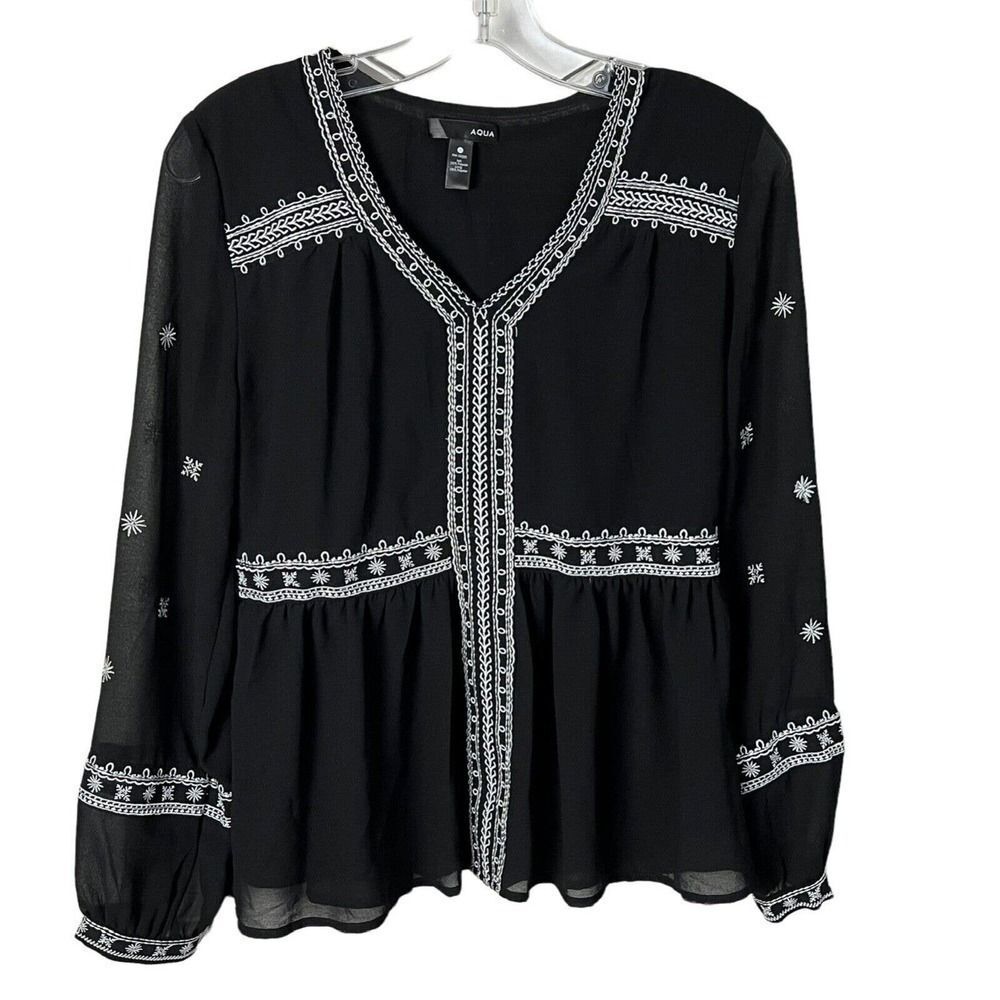 Aqua Boho Black White Embroidered Long Sheer Sleeve Peasant Top Blouse Small